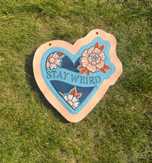 Blue Stay Weird Heart Floral Tattoo Felt Banner