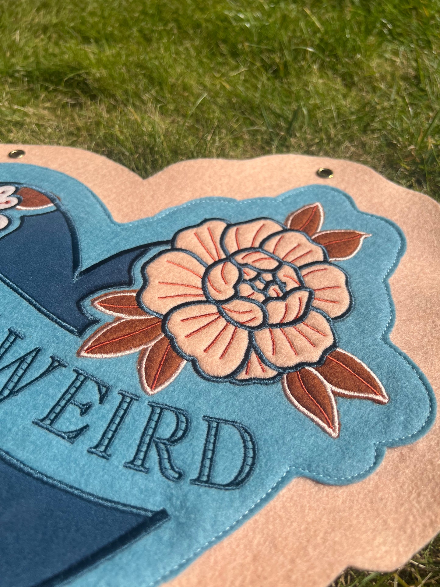 Blue Stay Weird Heart Floral Tattoo Felt Banner
