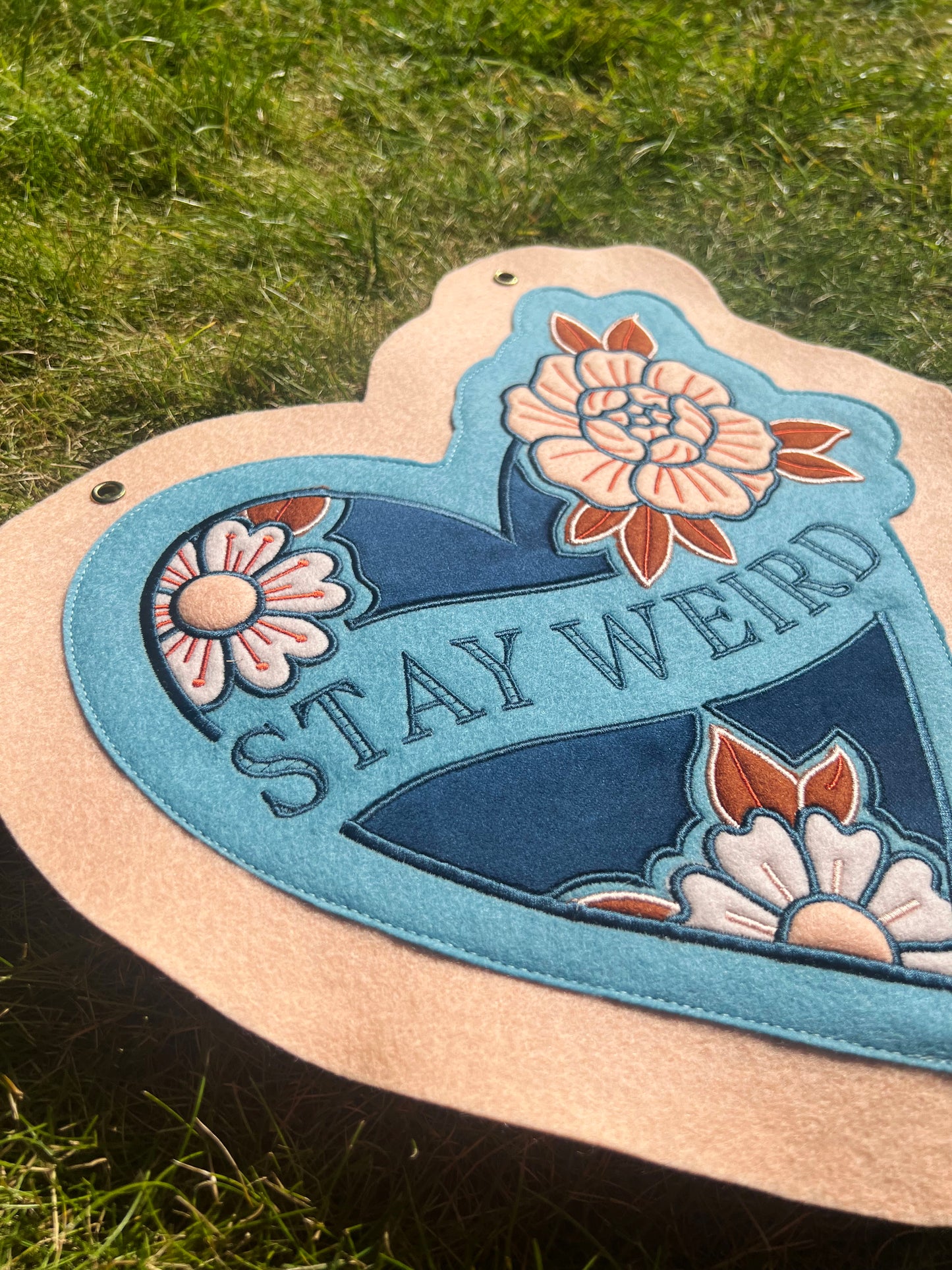 Blue Stay Weird Heart Floral Tattoo Felt Banner