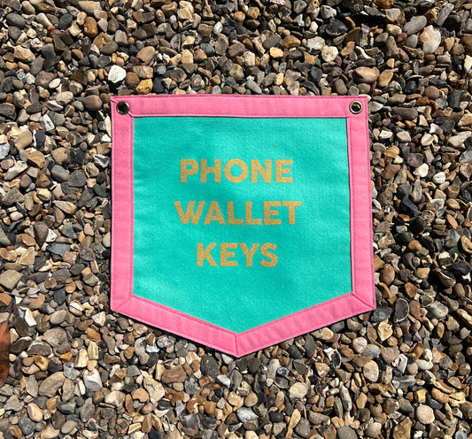 Phone Wallet Keys Teal & Pink Banner