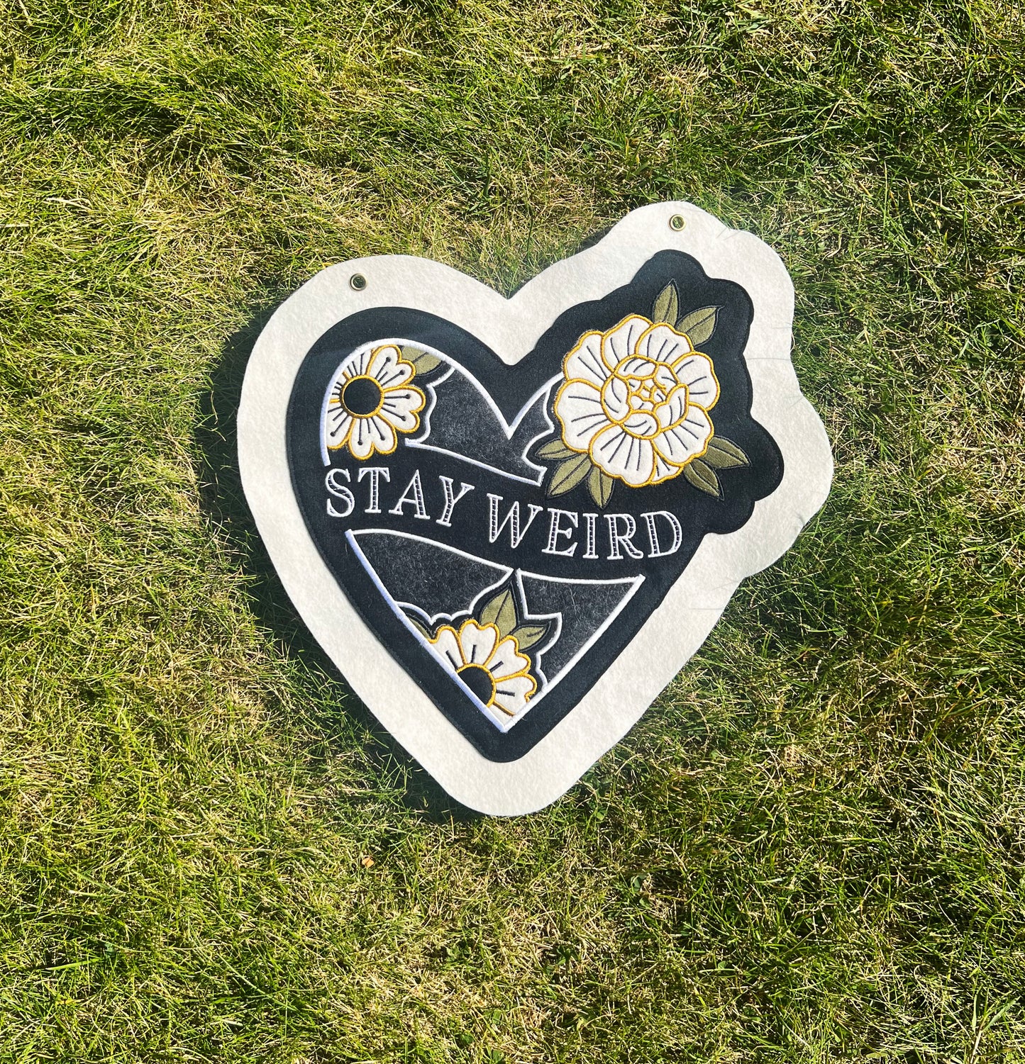 Black Stay Weird Heart Floral Tattoo Felt Banner