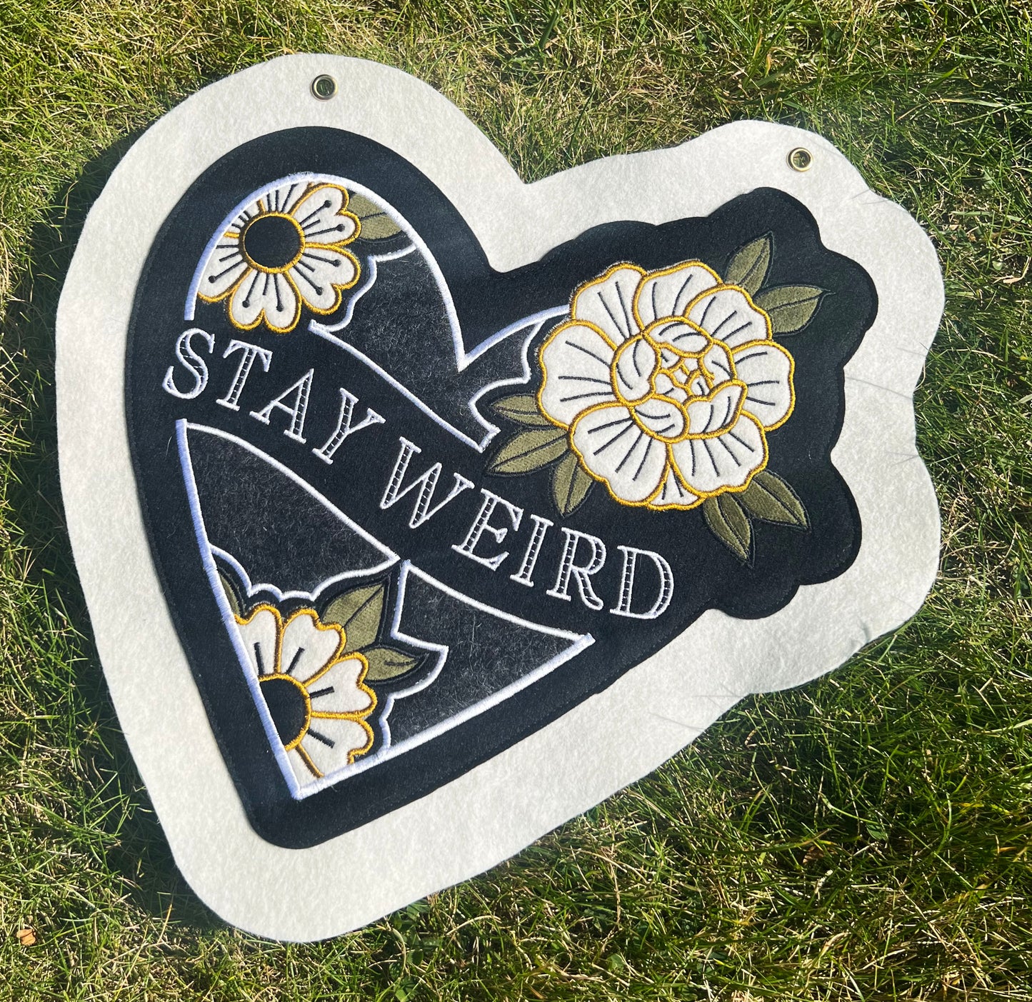 Black Stay Weird Heart Floral Tattoo Felt Banner