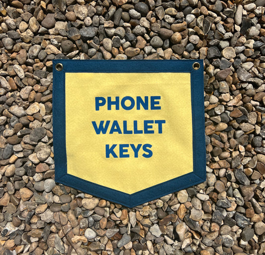 Phone Wallet Keys Custard & Dark Blue Banner