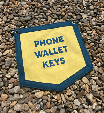 Phone Wallet Keys Custard & Dark Blue Banner